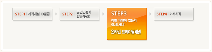 step1계좌개설ID발급 > step2공인인증서발급/등록 > step3:어떤 채널이 있는지 아시나요? 온라인트레이딩채널 > step4거래시작